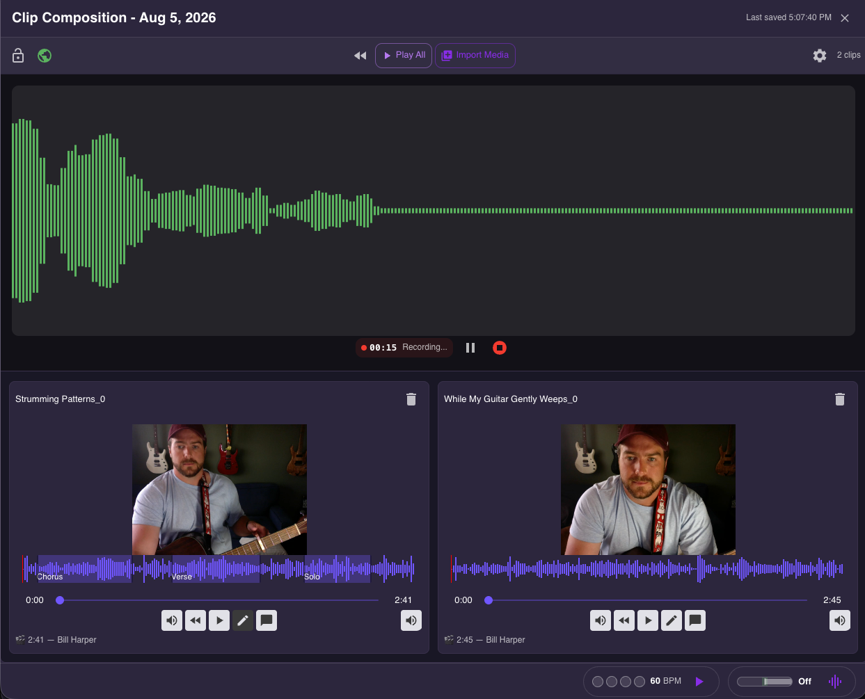 Recording a practice clip in Muzie