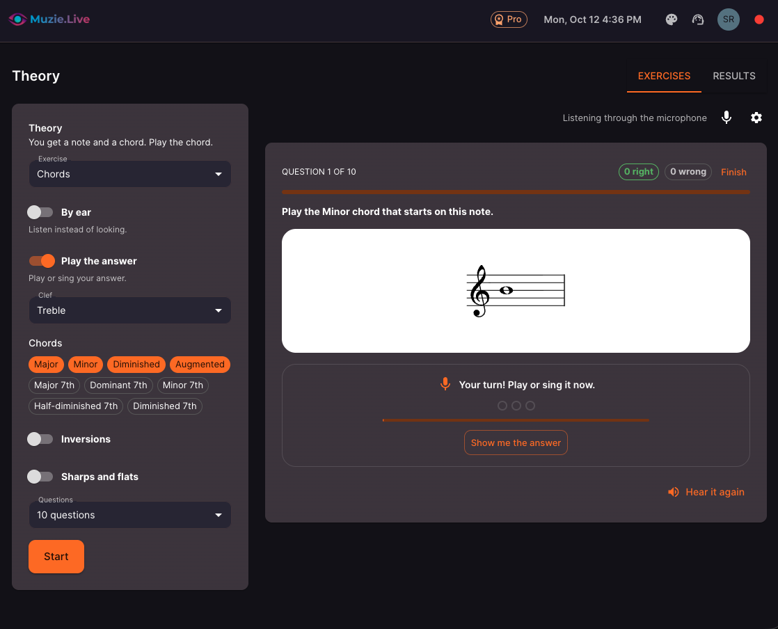 A music theory exercise in Muzie asking the student to play a minor chord