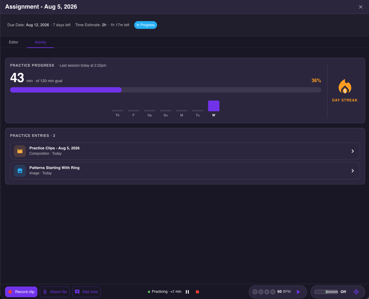Practice tools in Muzie: record clips, upload files, take notes, metronome, and tuner