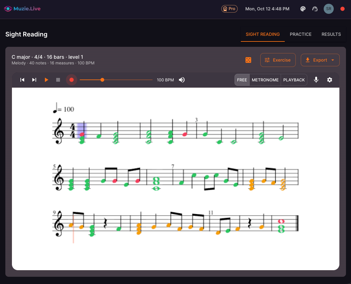 A sight-reading exercise in Muzie, with each played note marked as right or wrong