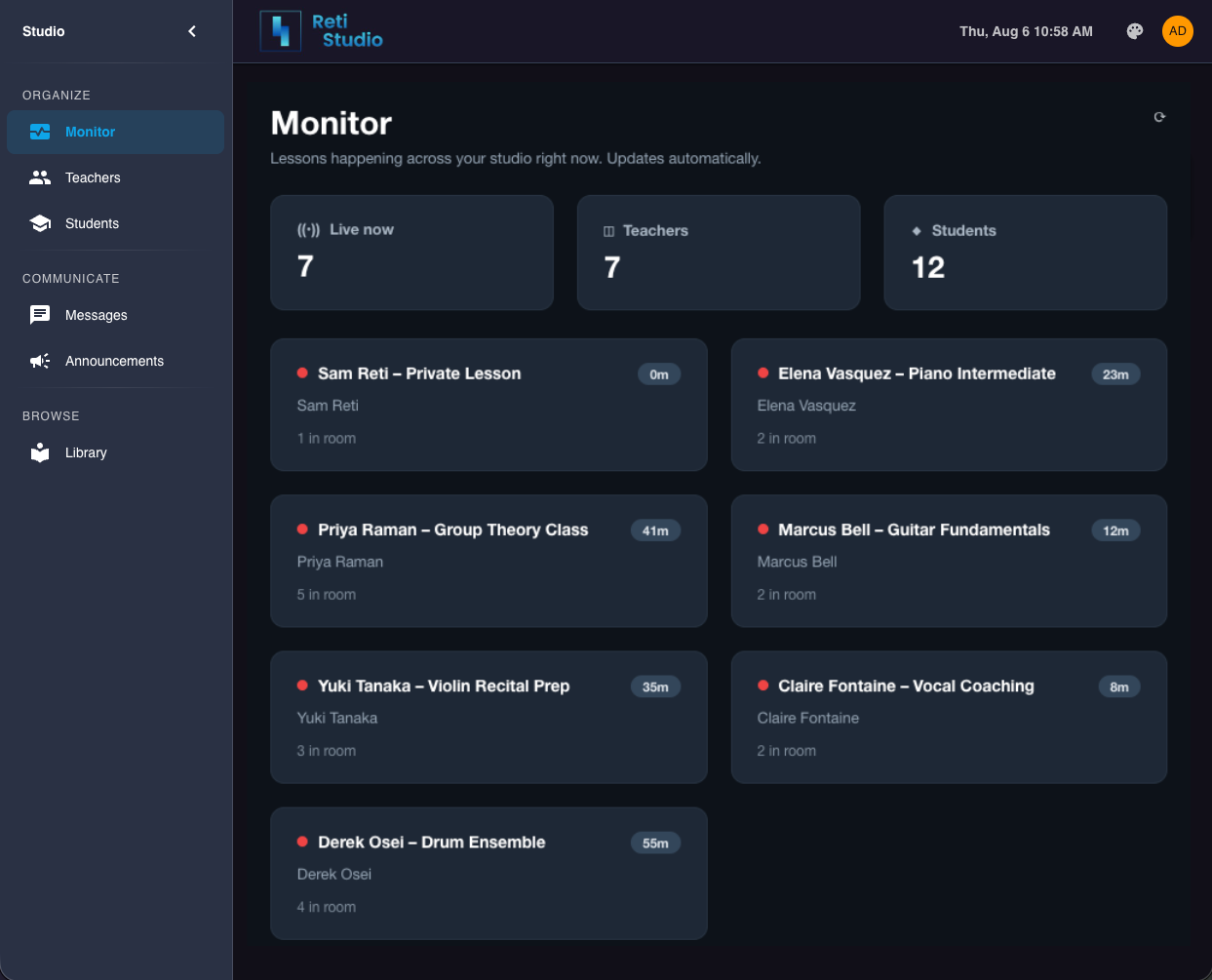 The studio monitor dashboard in Muzie, showing live lessons