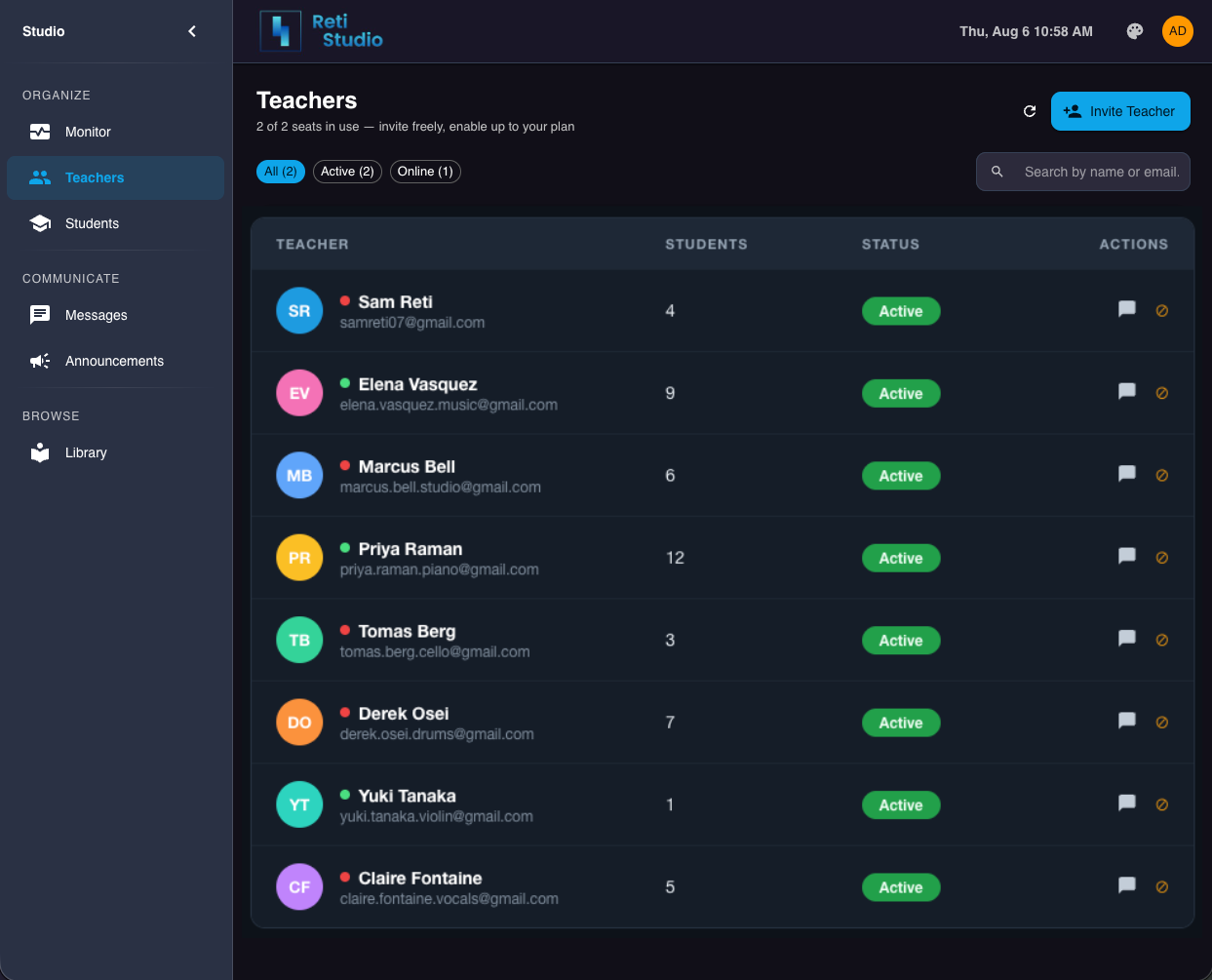Managing teachers in a Muzie studio
