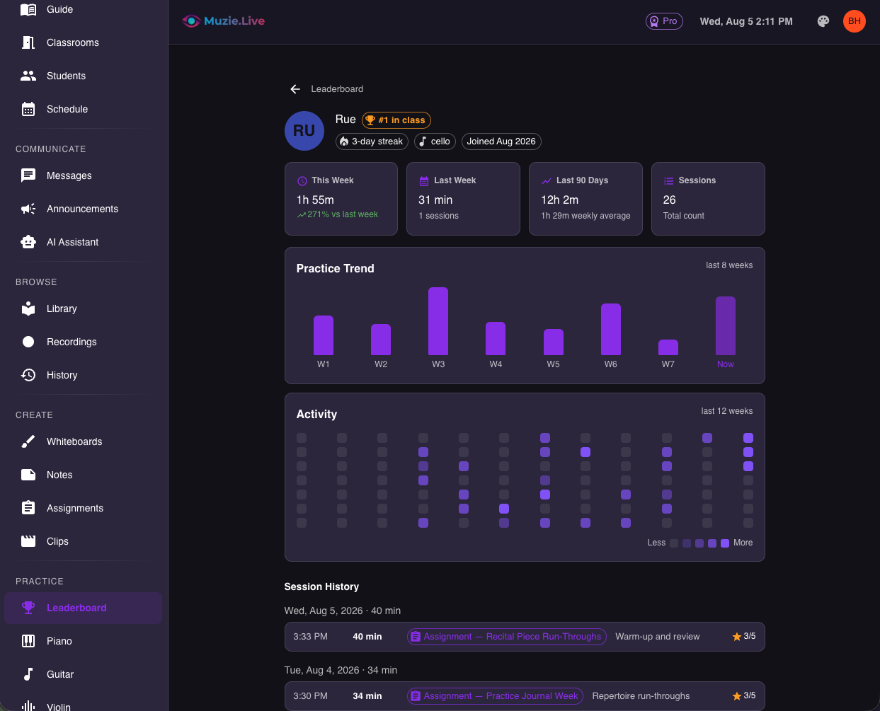 Practice stats in Muzie