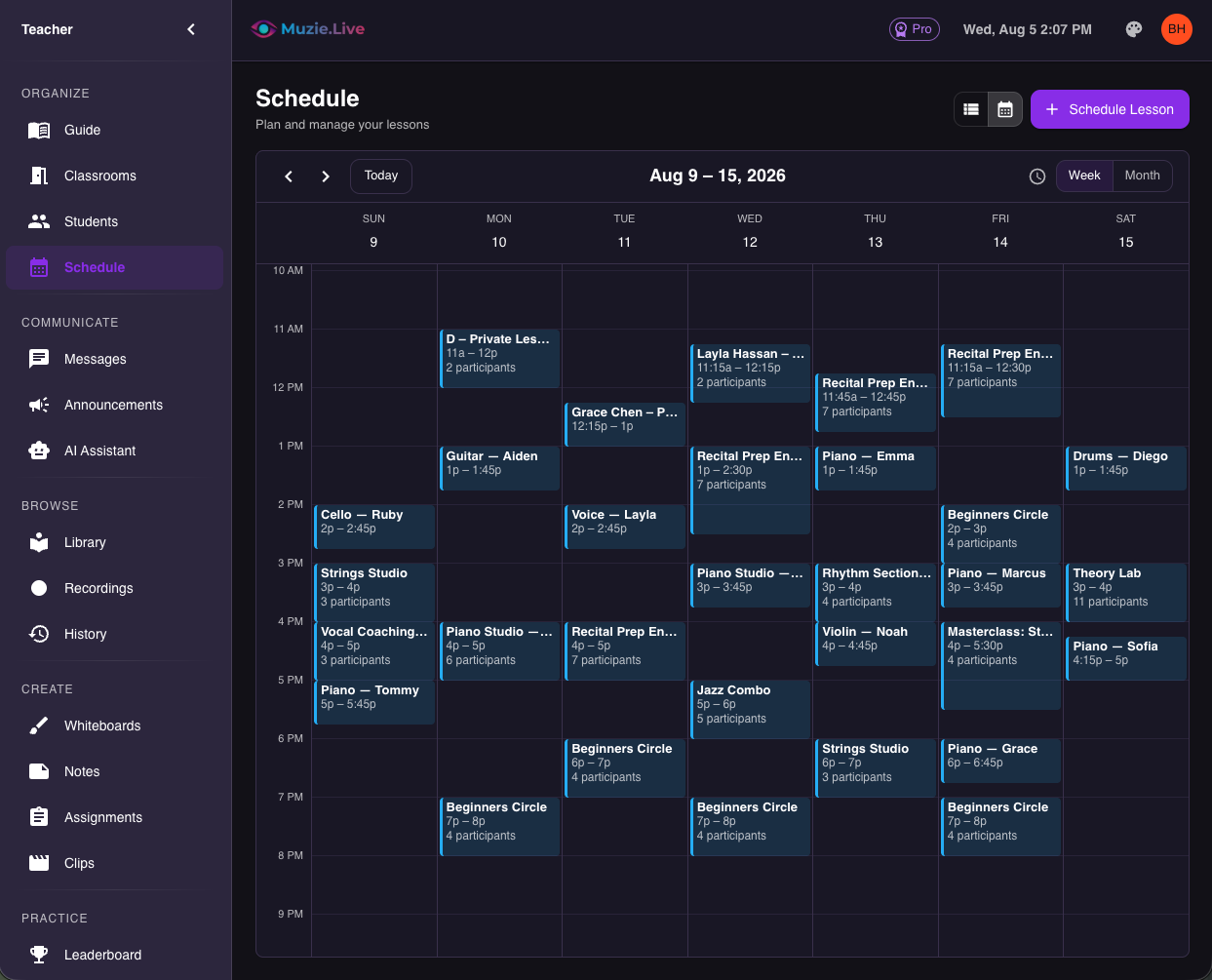 The scheduling calendar in Muzie